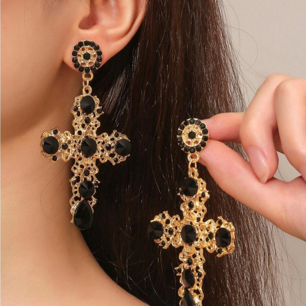 Black rhinestone cross earrings
